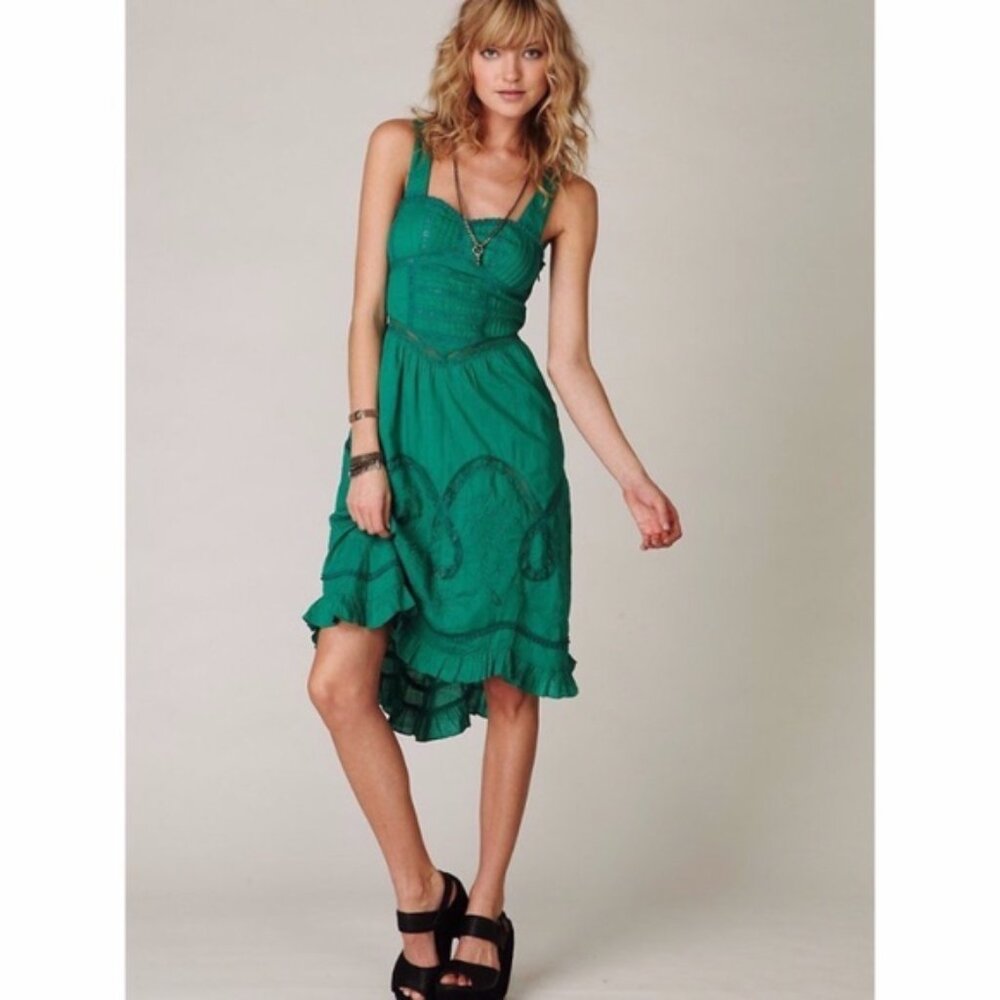 Free People Lace Corset Panel Ruffle Leaf Embroidery Green Teal Dress Sz 6/8 Med